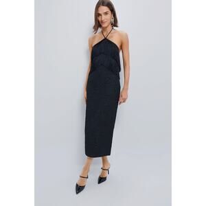 HYACINTH HOUSE Black Fringe Halter Neck Natalia Midi Dress Size XXS NWT